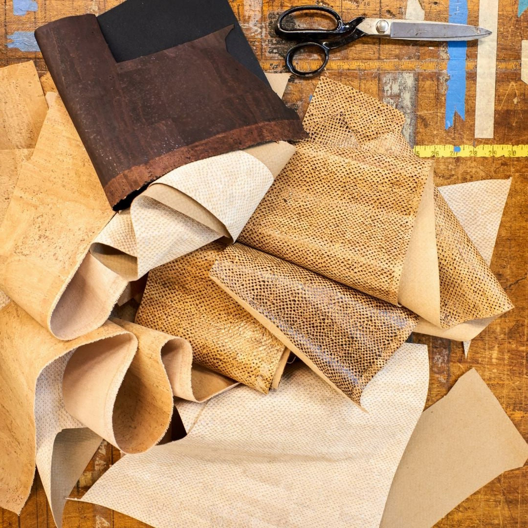 a variety of cork leather piled onto a workbench 