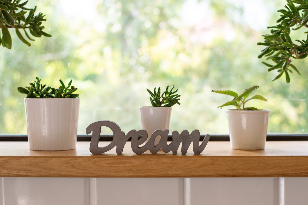 A wooden pine shelf, in front of a window, sits three small white planters with a plant in each and a silver wooden sign that reads "Dream". 